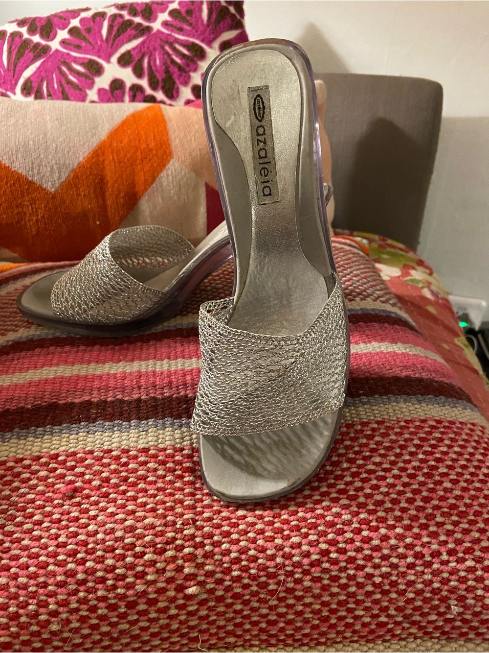 Azaleia Silver and Lucite Woven Slide Mules